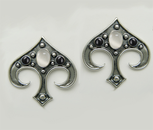 Sterling Silver Gothic Inspired Drop Dangle Earrings With White Moonstone And Black Onyx